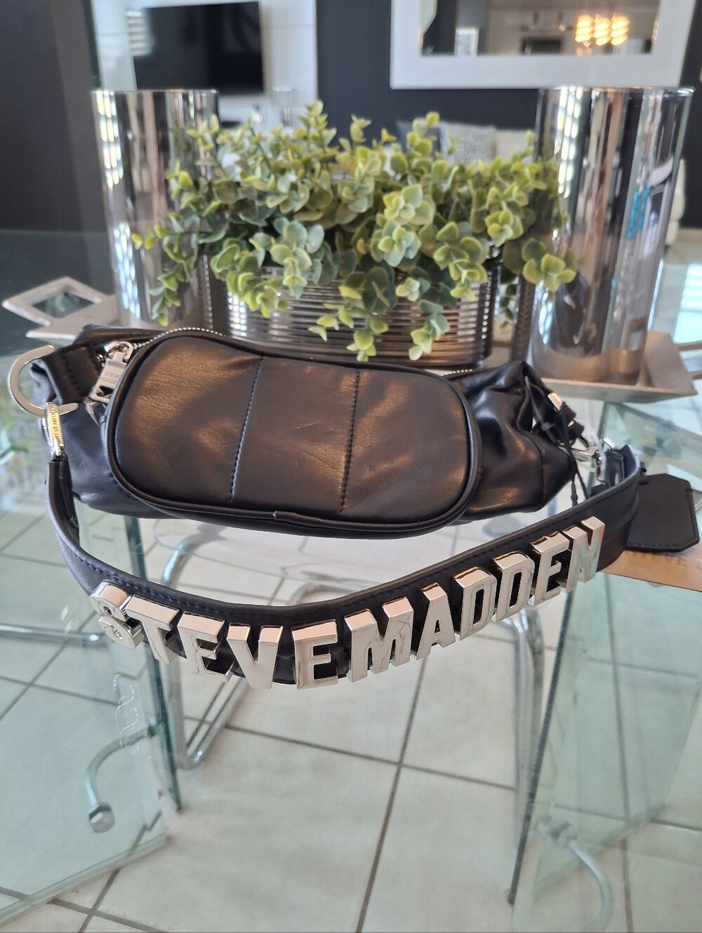 Steve Madden Black Leather Belt Bag with Silver Logo Strap